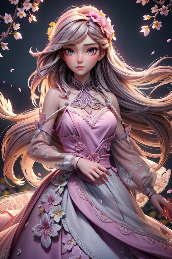 Kyle jenner, long hair Princess Barbie in pretty light pink dress, hires, extremely detaild, detailed back ground, diffuse natural lighting, (field of flowers, flower petals, surrounded by flowers:1.4), (Zentangle, Fractal Art:1.3), (many colors, colorfully:1.1), Facial Focus), seducer, wind blown, aretes, Wear delicate exotic clothes, ((full body shot shot)), 精致的面容, Caucasian skin, Delicate facial features, perfect facial features, delicate hair portrait, delicate representation of the eyes, 8K image quality, a sense of atmosphere, highest quality, Masterpiece artwork, extreme detail, high resolution, blurry foreground, foreshortening, Luminism, cinematic lighting, wide plan, work of art, retinas, texturized skin, anatomically correcte, best qualityer, awardwinning