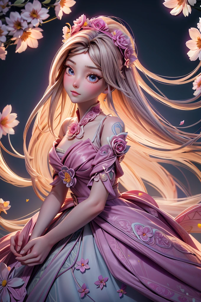 Kyle jenner, long hair Princess Barbie in pretty light pink dress, hires, extremely detaild, detailed back ground, diffuse natural lighting, (field of flowers, flower petals, surrounded by flowers:1.4), (Zentangle, Fractal Art:1.3), (many colors, colorfully:1.1), Facial Focus), seducer, wind blown, aretes, Wear delicate exotic clothes, ((full body shot shot)), 精致的面容, Caucasian skin, Delicate facial features, perfect facial features, delicate hair portrait, delicate representation of the eyes, 8K image quality, a sense of atmosphere, highest quality, Masterpiece artwork, extreme detail, high resolution, blurry foreground, foreshortening, Luminism, cinematic lighting, wide plan, work of art, retinas, texturized skin, anatomically correcte, best qualityer, awardwinning