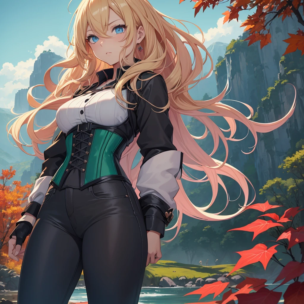 Illustration of a young, female teacher in an anime style. She has long, wavy blonde hair with pink highlights, wearing a light blue, ruffled blouse and a black corset over skinny tight jeans the color of a dark green. She is wearing black riding boots. Her expression is serious and slightly surprised. She has blue eyes and extends her hand forward holding a blue book with golden characters on the cover. The background shows a landscape transitioning from autumn to winter, with trees bearing both colorful autumn leaves and frosty branches, under a chilly, overcast sky.