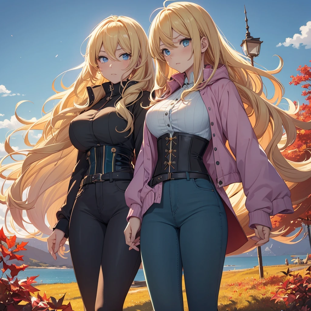 Illustration of a young, female teacher in an anime style. She has long, wavy blonde hair with pink highlights, wearing a light blue, ruffled blouse and a black corset over skinny tight jeans the color of a dark green. She is wearing black riding boots. Her expression is serious and slightly surprised. She has blue eyes and extends her hand forward holding a blue book with golden characters on the cover. The background shows a landscape transitioning from autumn to winter, with trees bearing both colorful autumn leaves and frosty branches, under a chilly, overcast sky.