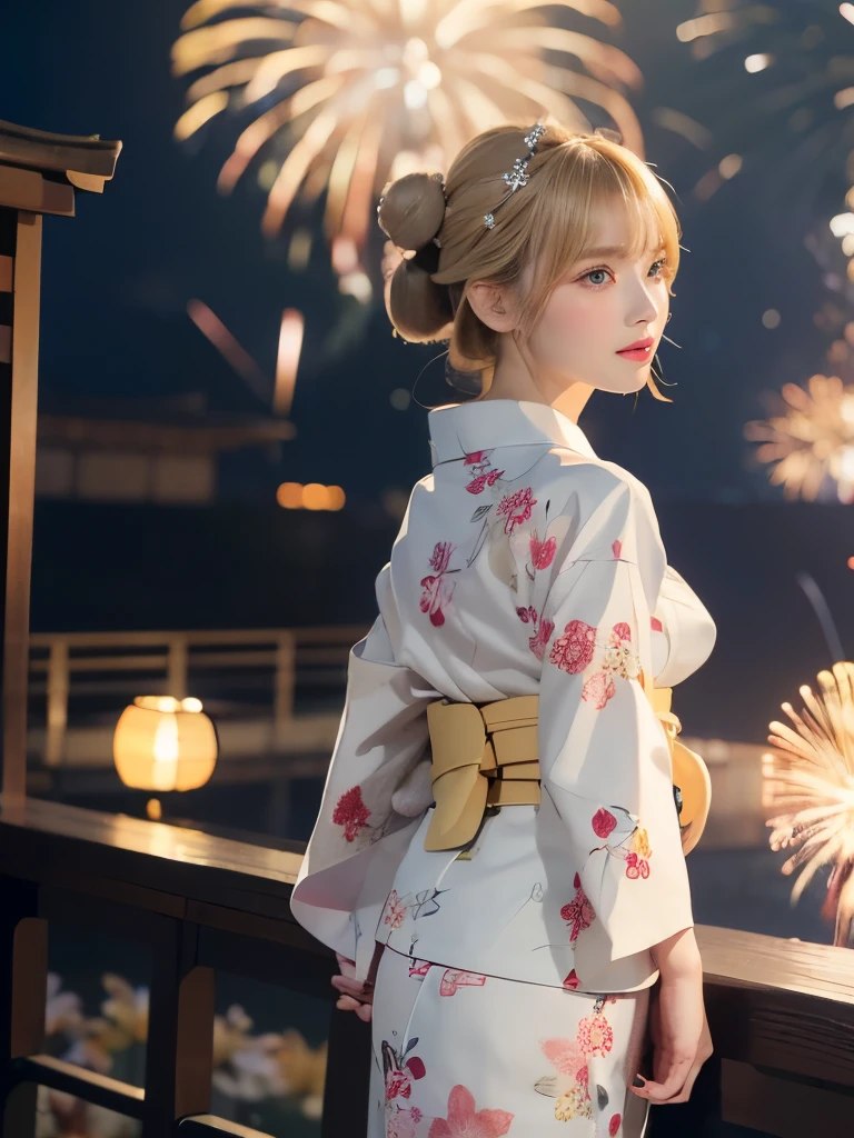 raw photo, 8k, (top-quality), Realistic, (real picture, Intricate details), (natural skin texture, detailed skin, hyper realism, sharpness), (pale skin:1.5), Japanese teenage girl walking with hands behind back in shopping street at night, (sexy floral yukata:1.5), slender body, (blonde hair, bun hairstyle, blunt bangs), shy smile, night time, (fireworks:1.5)