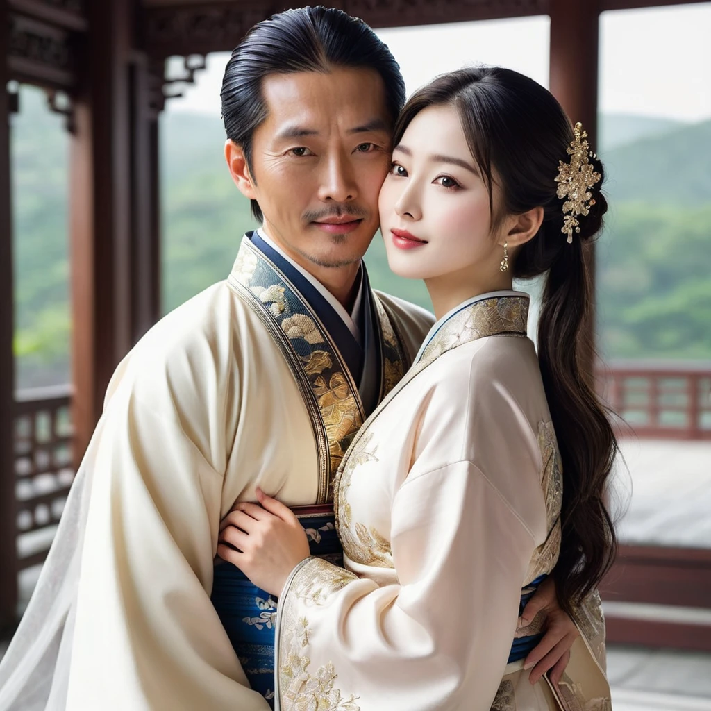 ((Highest quality)), ((masterpiece)), (detailed), (Perfect Face)、The woman is the beautiful Japanese woman, Satomi Ishihara, with large breasts and excellent proportions. She has her medium-long hair tied up and is wearing a luxurious wedding Hanfu with gold embroidery and trim, gorgeous accessories, and an engagement ring.、The woman is in a luxurious palace in China, embracing and kissing a handsome and dignified middle-aged Chinese man, making love and getting married.