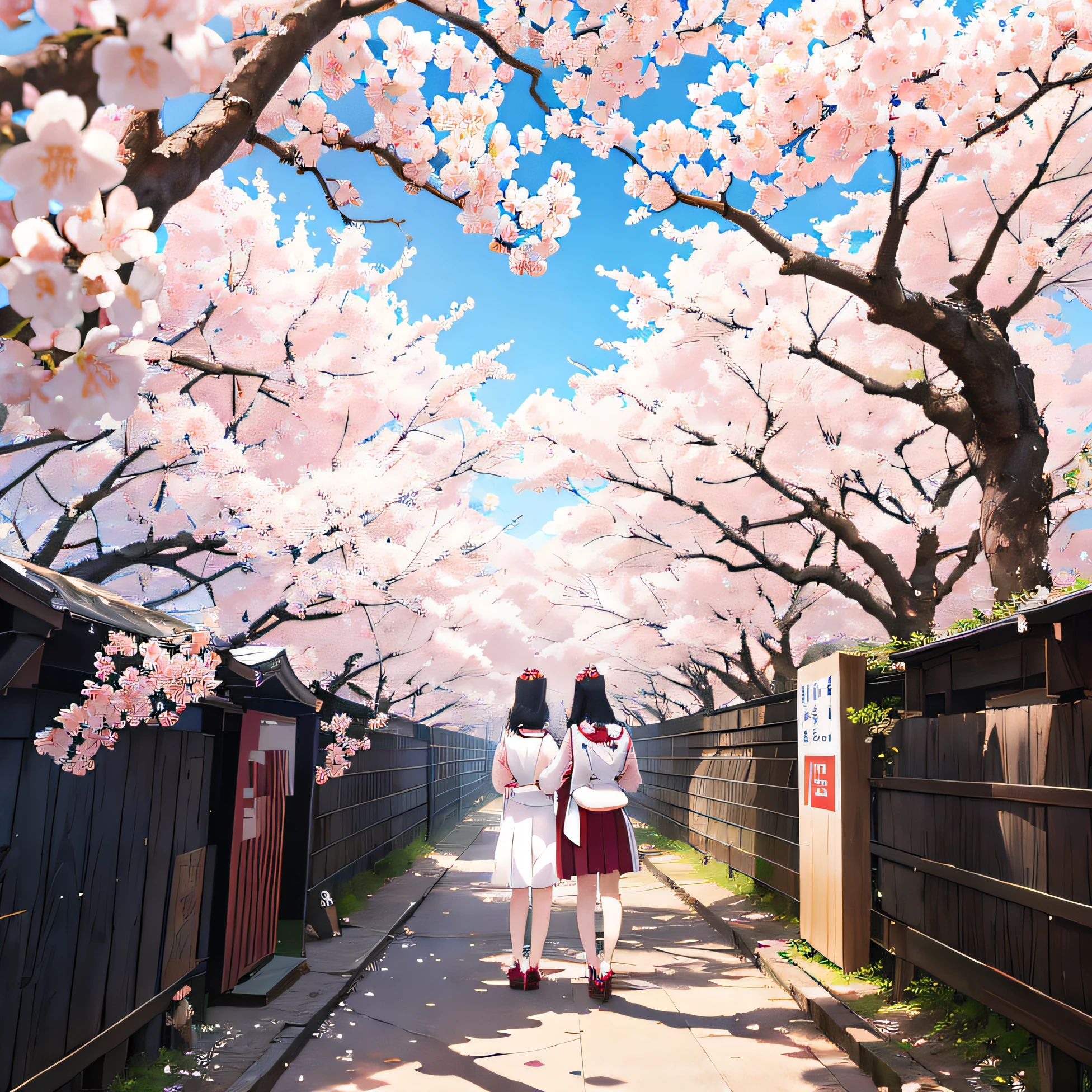 cherry blossom in full bloom、(You can see people's backs)、a lot of flowers fall、Overhead view