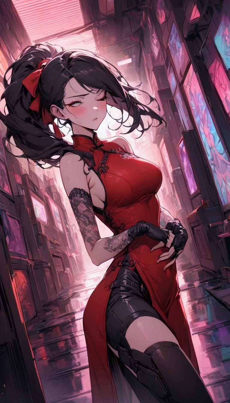 Dynamic composition,dutch angle,from side,{{masterpiece}}, {{{Highest quality}}},{{Very detailed}},{{Fight}},{{fighting stance:1.6}},{{critical situation:1.6}},{{hold down one's stomach with one's hands:1.6}},1girl,30years old,{Mature Woman}},cyberpunk,{{RED Chinese clothing:1.2}},Red sleeveless Chinese dress,pelvic curtain,black stockings,belt,black fingerless gloves,Lace arm covers,holster,{{Grit your teeth:1.4}},one eye closed, ,{{v-shaped eyebrows}},Bad mood,blush,Sweat,raise one's eyebrows ,{{View your viewers}}、Very long long hair in a ponytail.abdominal pain ,{{pain}},Inside the dojo,indoor