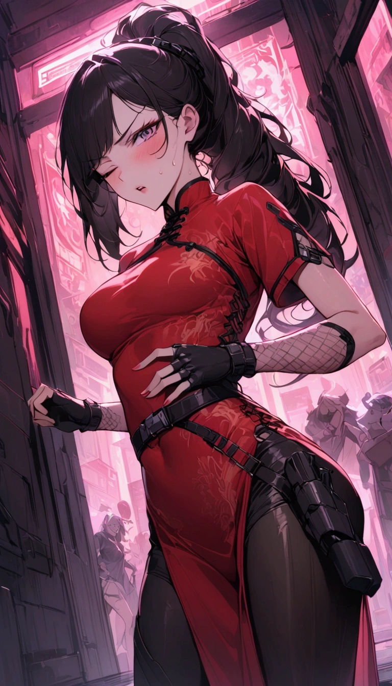 Dynamic composition,dutch angle,from side,{{masterpiece}}, {{{Highest quality}}},{{Very detailed}},{{Fight}},{{fighting stance:1.6}},{{critical situation:1.6}},{{hold down one's stomach with one's hands:1.6}},1girl,30years old,{Mature Woman}},cyberpunk,{{RED Chinese clothing:1.2}},Red short sleeves Chinese dress,pelvic curtain,black stockings,belt,black fingerless gloves,Lace arm covers,holster,{{Grit your teeth:1.4}},one eye closed, ,{{v-shaped eyebrows}},Bad mood,blush,Sweat,raise one's eyebrows ,{{View your viewers}}、Very long long hair in a ponytail.abdominal pain ,{{pain}},Inside the dojo,indoor