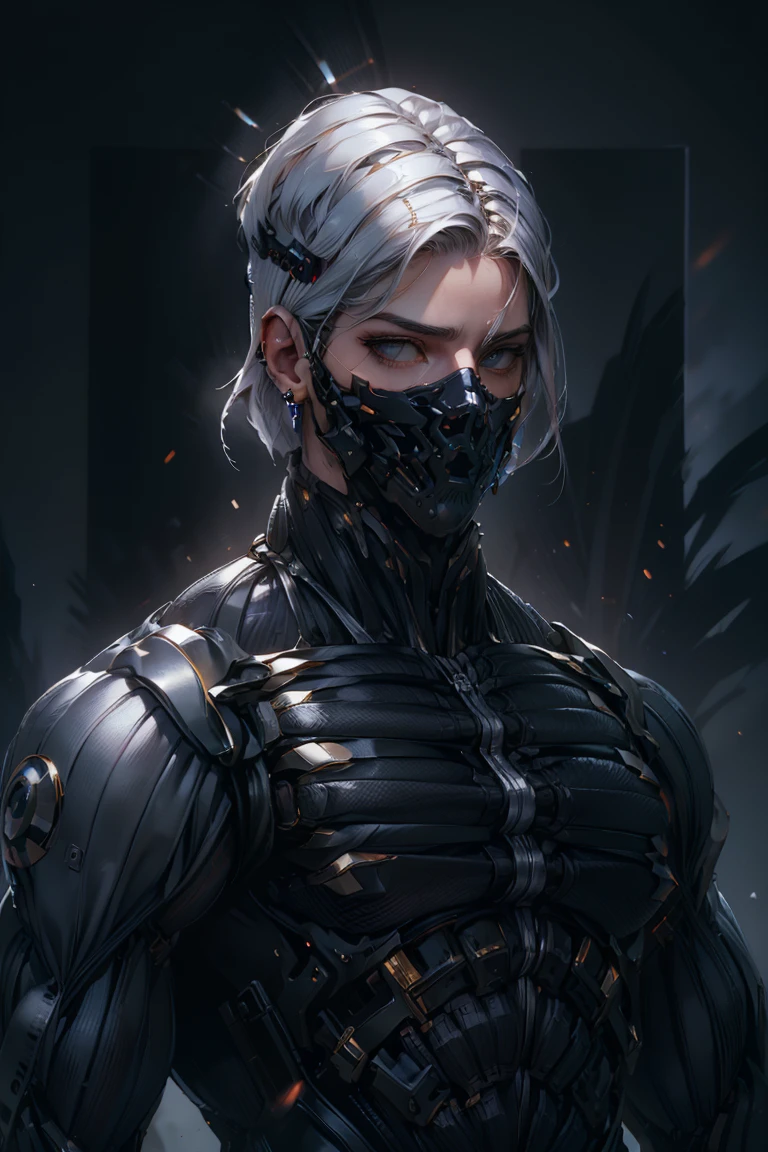 {Best Quality, 8k, Masterpiece}, (Realistic), [[Male]], [[White Hair]], ((Middle Part Haircut)), (Earrings), (Mask)