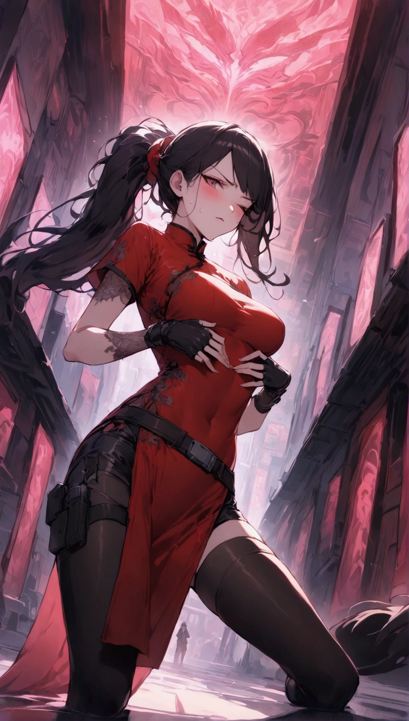 Dynamic composition,dutch angle,from side,{{masterpiece}}, {{{Highest quality}}},{{Very detailed}},{{Fight}},{{fighting stance:1.6}},{{critical situation:1.6}},{{hold down one's stomach with one's hands:1.6}},1girl,30years old,{Mature Woman}},cyberpunk,{{RED Chinese clothing:1.2}},Red short sleeves Chinese dress,pelvic curtain,black stockings,belt,black fingerless gloves,Lace arm covers,holster,{{Grit your teeth:1.4}},one eye closed, ,{{v-shaped eyebrows}},Bad mood,blush,Sweat,raise one's eyebrows ,{{View your viewers}}、Very long long hair in a ponytail.abdominal pain ,{{pain}},Inside the dojo,indoor
