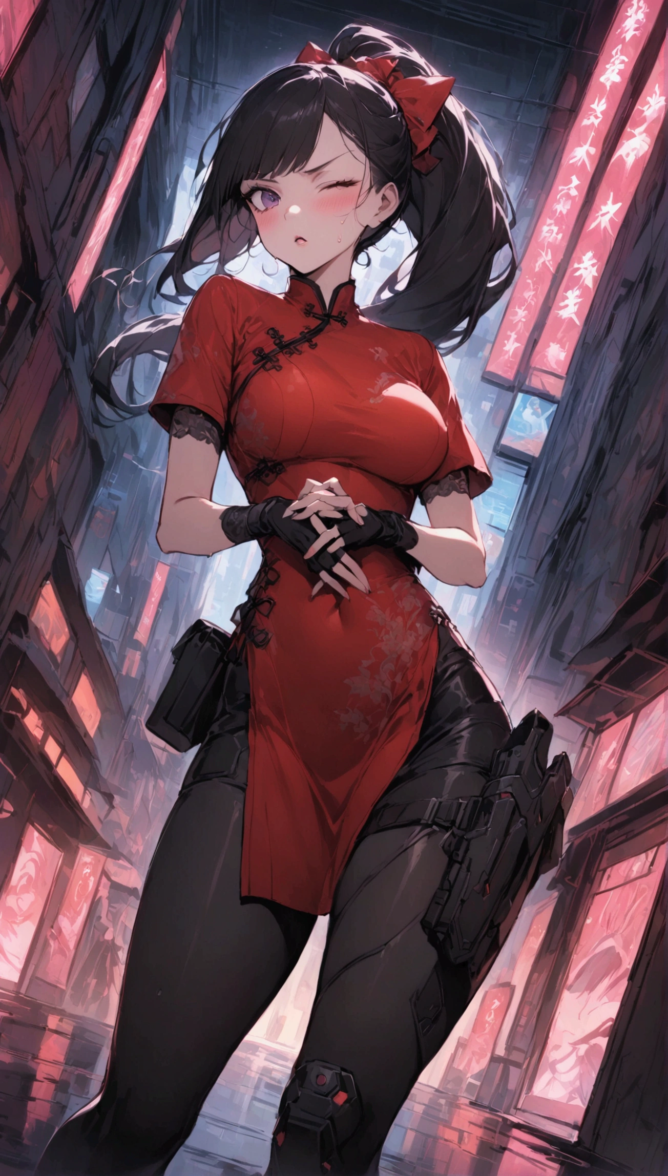 Dynamic composition,dutch angle,from side,{{masterpiece}}, {{{Highest quality}}},{{Very detailed}},{{Fight}},{{fighting stance:1.6}},{{critical situation:1.6}},{{hold down one's stomach with one's hands:1.6}},1girl,30years old,{Mature Woman}},cyberpunk,{{RED Chinese clothing:1.2}},Red short sleeves Chinese dress,pelvic curtain,black stockings,belt,black fingerless gloves,Lace arm covers,holster,{{Grit your teeth:1.4}},one eye closed, ,{{v-shaped eyebrows}},Bad mood,blush,Sweat,raise one's eyebrows ,{{View your viewers}}、Very long long hair in a ponytail.abdominal pain ,{{pain}},Inside the dojo,indoor
