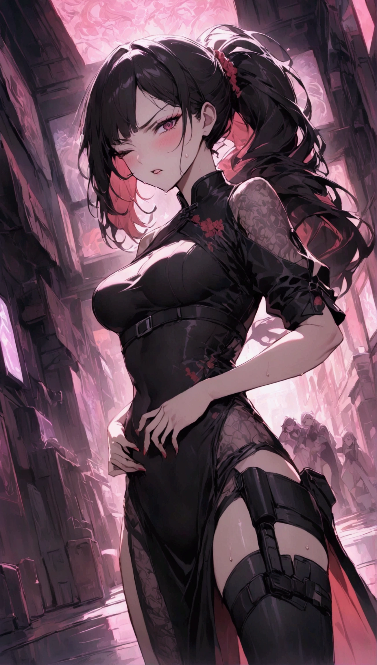 Dynamic composition,dutch angle,from side,{{masterpiece}}, {{{Highest quality}}},{{Very detailed}},{{Fight}},{{fighting stance:1.6}},{{critical situation:1.6}},{{hold down one's stomach with one's hands:1.6}},1girl,30years old,{Mature Woman}},cyberpunk,{{RED Chinese clothing:1.2}},Red short sleeves Chinese dress,pelvic curtain,black stockings,belt,black fingerless gloves,Lace arm covers,holster,{{Grit your teeth:1.4}},one eye closed, ,{{v-shaped eyebrows}},Bad mood,blush,Sweat,raise one's eyebrows ,{{View your viewers}}、Very long long hair in a ponytail.abdominal pain ,{{pain}},Inside the dojo,indoor