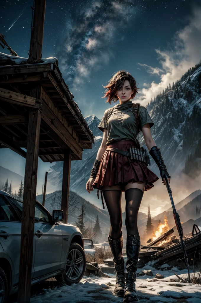 (masterpiece, best quality:1.2), cowboy shot, solo, dynamic pose, 1girl, ruby rose, looking at viewer,  t-shirt, red skirt, pantyhose, standing with crowd in city ruins on hill, overlooking valley, (crowd in military uniforms) BREAK night, stars, moon, snow, BREAK mountains in background, waterfall, vehicle wreck, bonfires, post-apocalypse, dystopian future, 