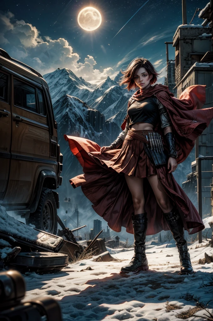 (masterpiece, best quality:1.2), cowboy shot, solo, dynamic pose, 1girl, ruby rose, looking at viewer,  t-shirt, red skirt, pantyhose, standing with crowd in city ruins on hill, overlooking valley, (crowd in military uniforms) BREAK night, stars, moon, snow, BREAK mountains in background, waterfall, vehicle wreck, bonfires, post-apocalypse, dystopian future, 