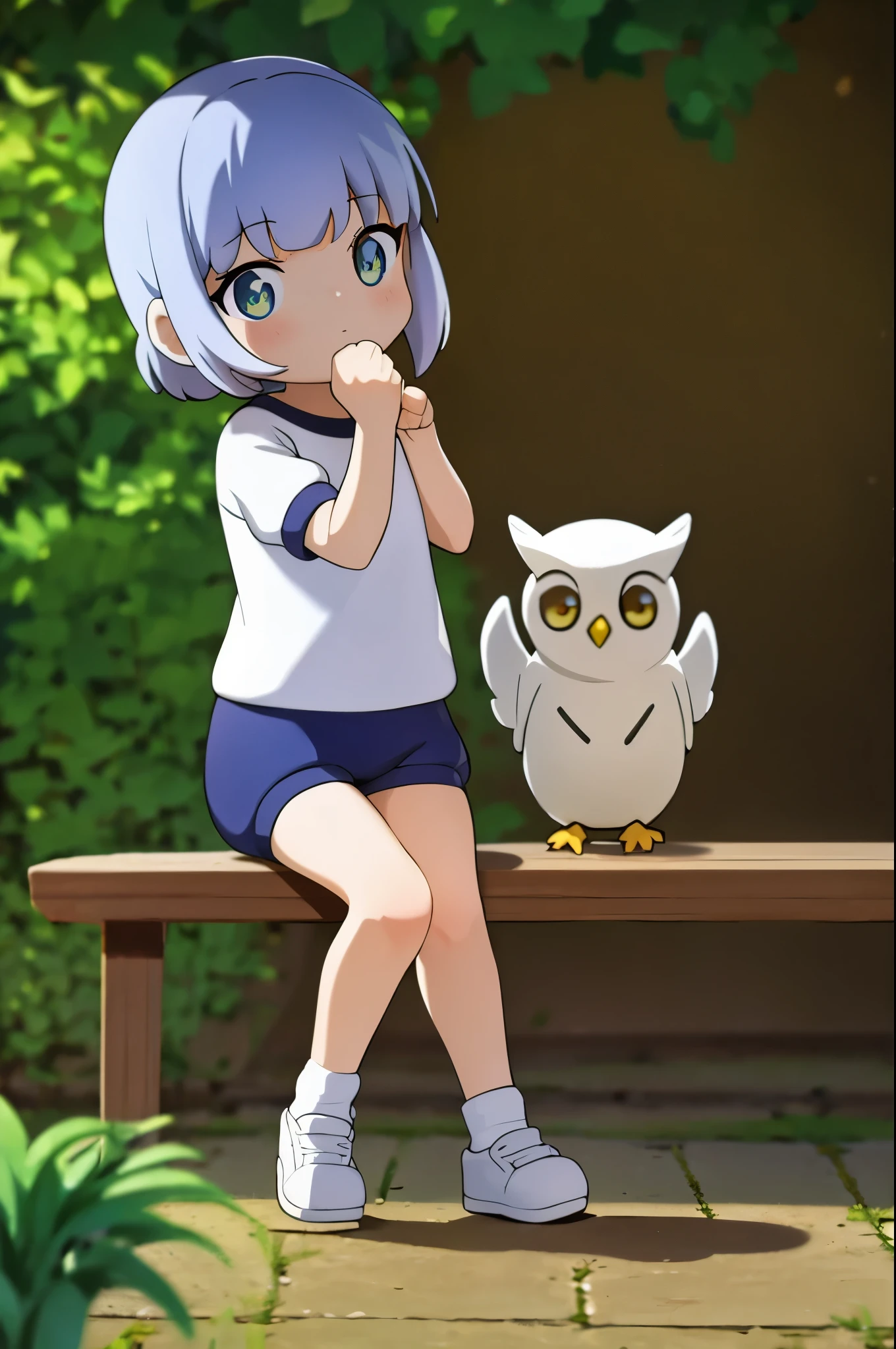 (masterpiece:1.2, Highest quality,High resolution,Very detailed),(Best illustrations),8k,wallpaper,(Girl and snowy owl),(White gym clothes),(Navy Blue Bloomers),cute,Neither of them are motivated,front,(((garden)Play with)),(jp_buruma)