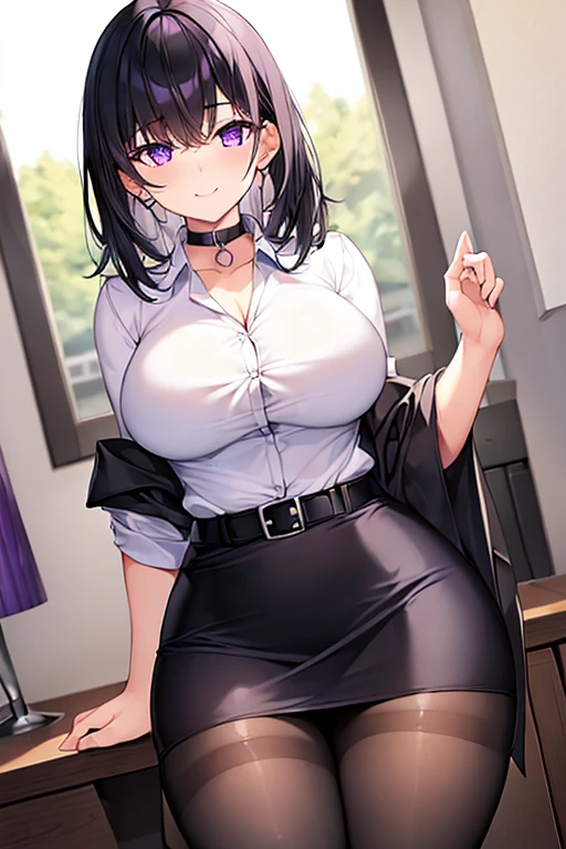 1girl, medium hair, black hair, purple eyes, mature female, hourglass figure, breasts, teacher, shirt, white shirt, skirt, pencil skirt, pantyhose, black pantyhose, belt, choker, cleavage, tall, smile, light smole, collar, button shirt, pixie cut,
