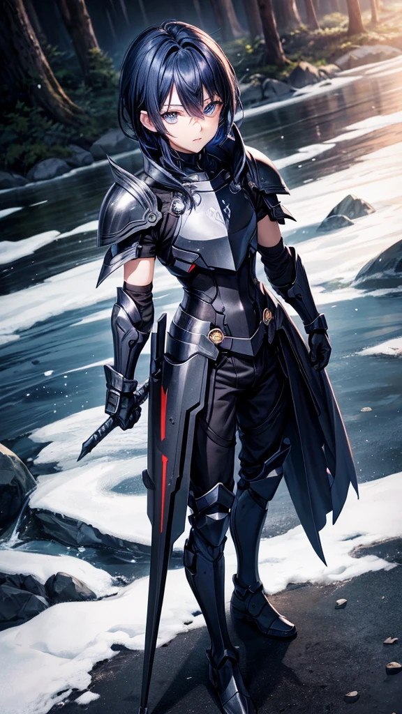 アニメ, 16 year old boy, {Perfect and detailed face},[perfect nose], {Dark Blue Hair}, {[dark blue eyes]},{asymmetrical eyes}, {visible lips}, {[(full body 5.0)]}, {full black armor 1.6}, {facing the front, looking at camera}, {at a forest}

{8k image}, {ultra resolution 128k}, {ultra quality},(high quality sharpness)
