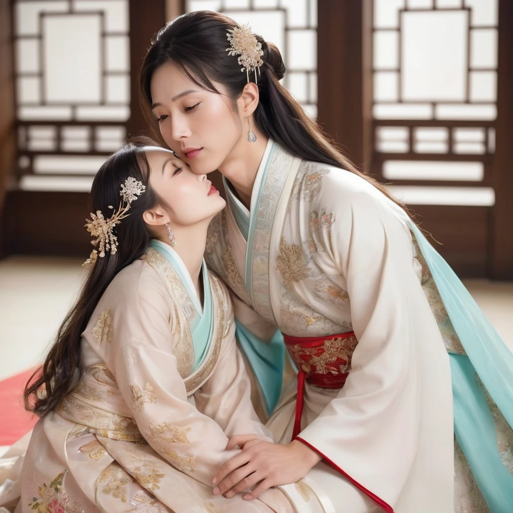 ((Highest quality)), ((masterpiece)), (detailed), (Perfect Face)、The woman is the beautiful Japanese woman, Satomi Ishihara, with large breasts and excellent proportions. She has her medium-long hair tied up and is wearing a luxurious wedding Hanfu with gold embroidery and trim, gorgeous accessories, and an engagement ring.、A woman is passionately embracing, kissing and making love to a handsome and dignified middle-aged Chinese man in a luxurious Chinese palace.