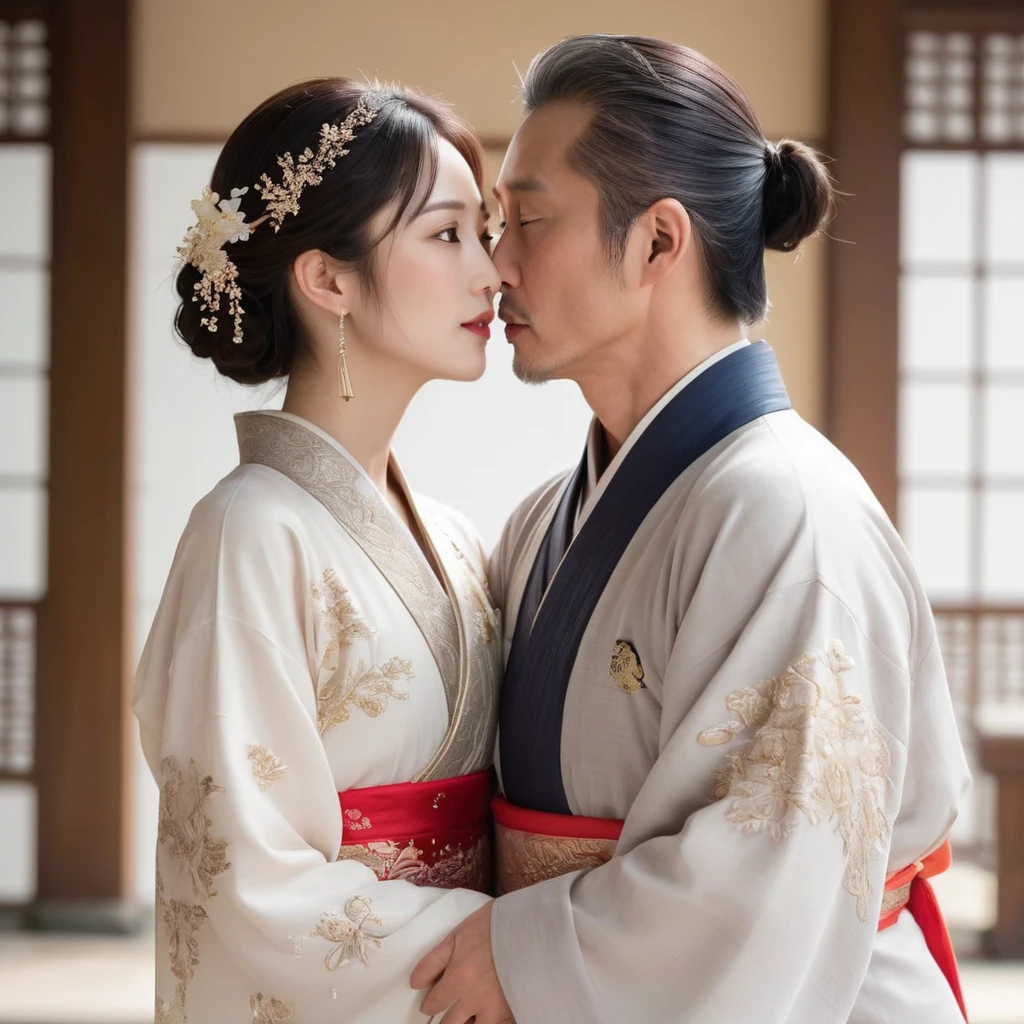 ((Highest quality)), ((masterpiece)), (detailed), (Perfect Face)、The woman is the beautiful Japanese woman, Satomi Ishihara, with large breasts and excellent proportions. She has her medium-long hair tied up and is wearing a luxurious wedding Hanfu with gold embroidery and trim, gorgeous accessories, and an engagement ring.、A woman is passionately embracing, kissing and making love to a handsome and dignified middle-aged Chinese man in a luxurious Chinese palace.