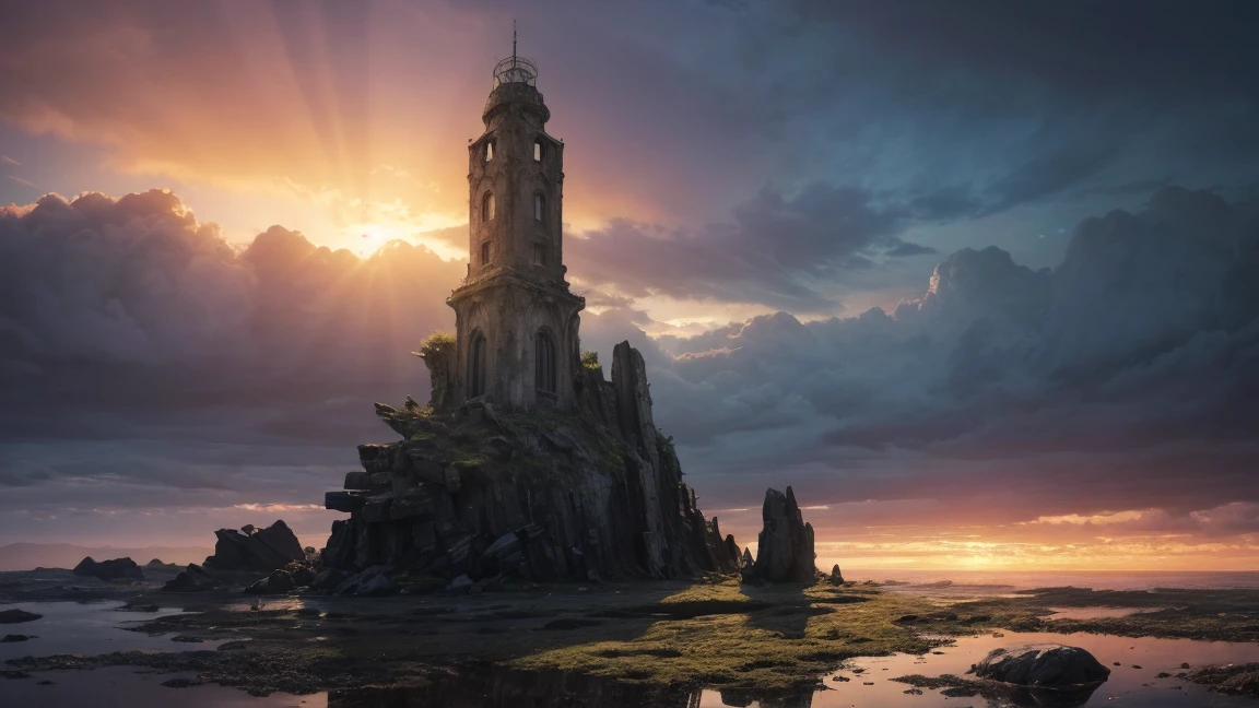 (anime, fantasy, stone beacon),(best quality, highres, HDR:1.2), vibrant colors, mysterious atmosphere, big stone beacon on the horizon, weathered, crumbling down, debris, general shot, ethereal light, fantastical landscapes
