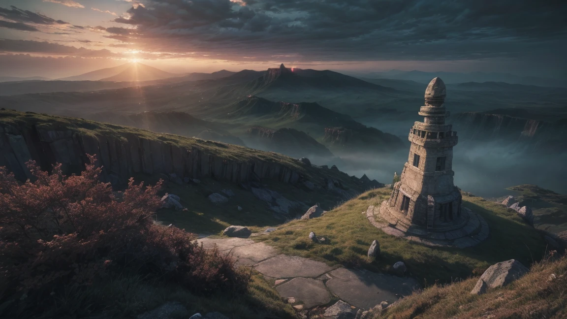 (anime, fantasy, stone beacon),(best quality, highres, HDR:1.2), vibrant colors, mysterious atmosphere, big stone beacon on the horizon, weathered, crumbling down, debris, general shot, ethereal light, fantastical landscapes