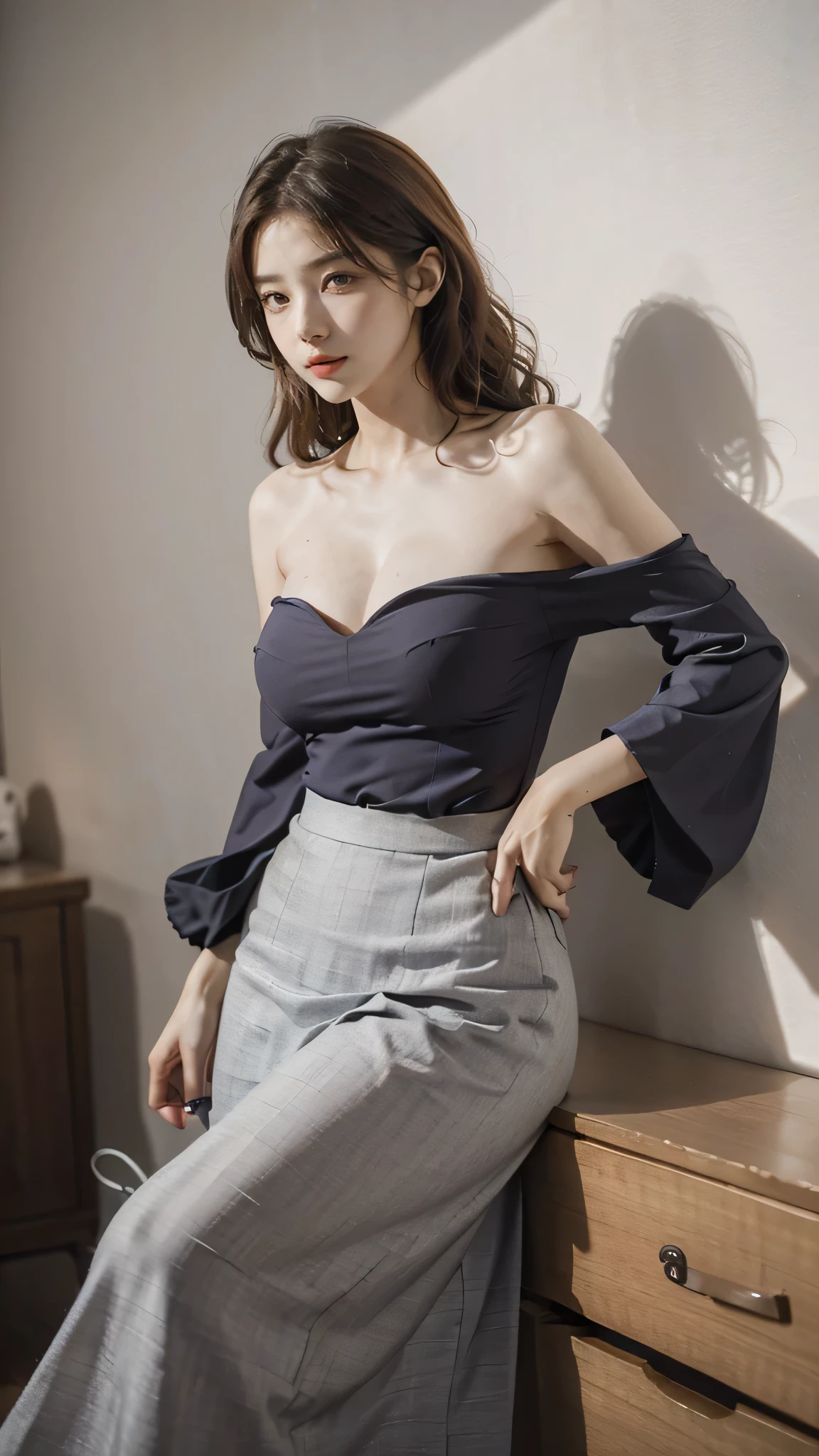 detailed background, masterpiece, best quality, 1 person , curly hair, long hair, purple eyes, star in eye , grey Strapless blouse, long skirt,