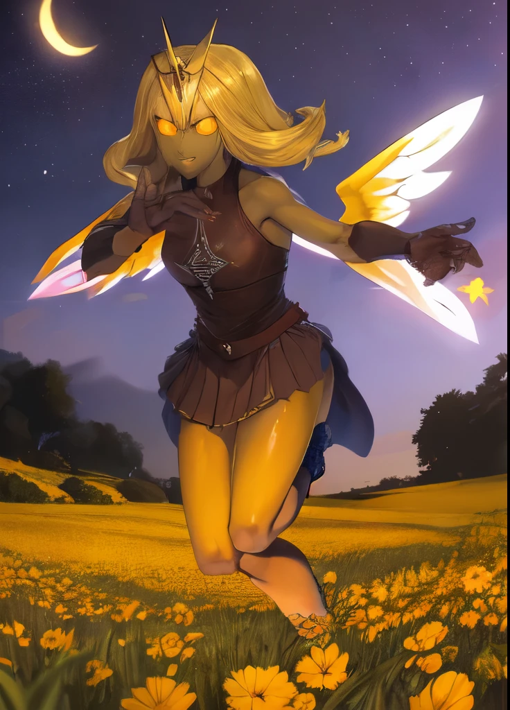 ((best quality)), ((muito detalhado)), masterpiece, most absurd, (detailled eyes, deep eyes), (1 girl), dynamic pose, Full body, Subscribe to, pinkies Hair, Firm eyes, colored leather skin, yellow eyes, (((glowing eyes))), ((colored skin)), ((yellow skin)), wings, smiling, blue gloves, tiara, presents feet, pink toenails (on a meadow, dusk, shooting star)