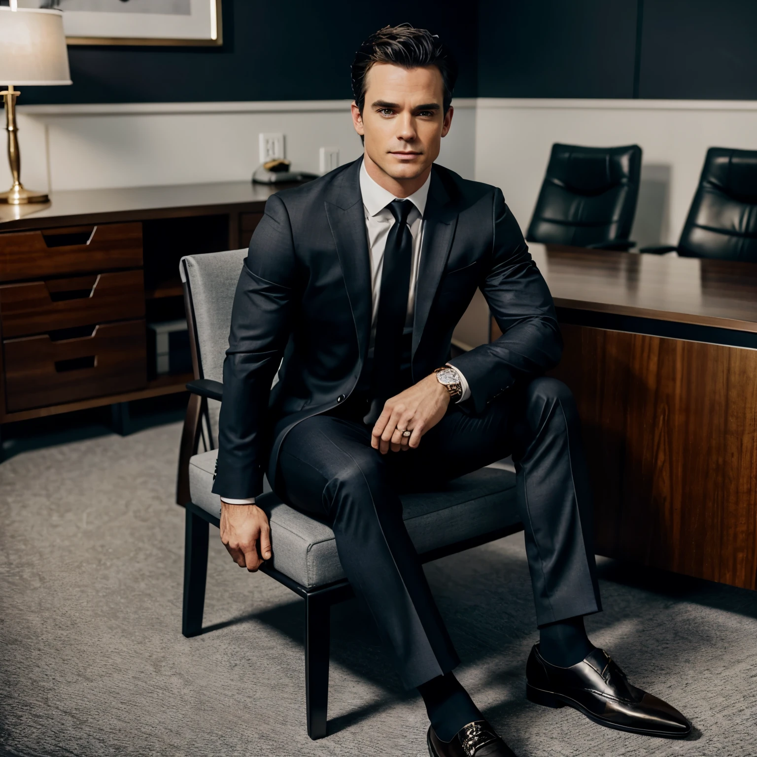 A photo of male actor Matt Bomer. In a dimly lit office room with a grey marble floor, Matt Bomer sits facing us in a black leather boss chair that’s positioned in front of a black wood and grey metal frame desk. Matt is wearing dark navy blue suit pants with a sharp crease down the center, a black leather dress belt with a brass buckle, a crisp white dress shirt, black sheer socks and fine black dress shoes, golden ring, shoes and socks must be seen