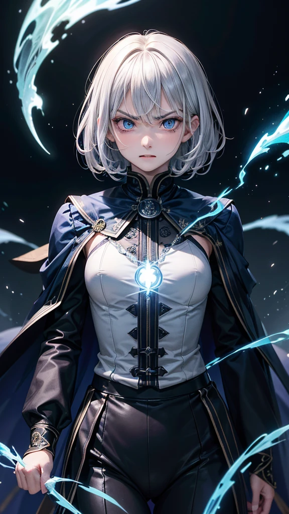 (Highest quality,Very detailed,High resolution:1.2),1 adult male,Silver Hair,The most beautiful young man in human history,(1 photo from the front),Dark blue eyes (Dark blue eyes:1.1),さみし気なaura(aura:1.1),(mysterious,Ghostly:1.1) atmosphere,Looks like half a demon,(Demonic traits,Demonic traits),(Elaborate,wonderful) ,Strong Body、Shortcuts、Use magic、auraが漂う、Cape、Stocky build、Confident expression、Very short hair、Sweep your bangs to the side、Perm Hair、Sharp eyes、Angry expression、There is a glowing blue fireball、Emits a flash of light from the body、Are standing、((Very angry))