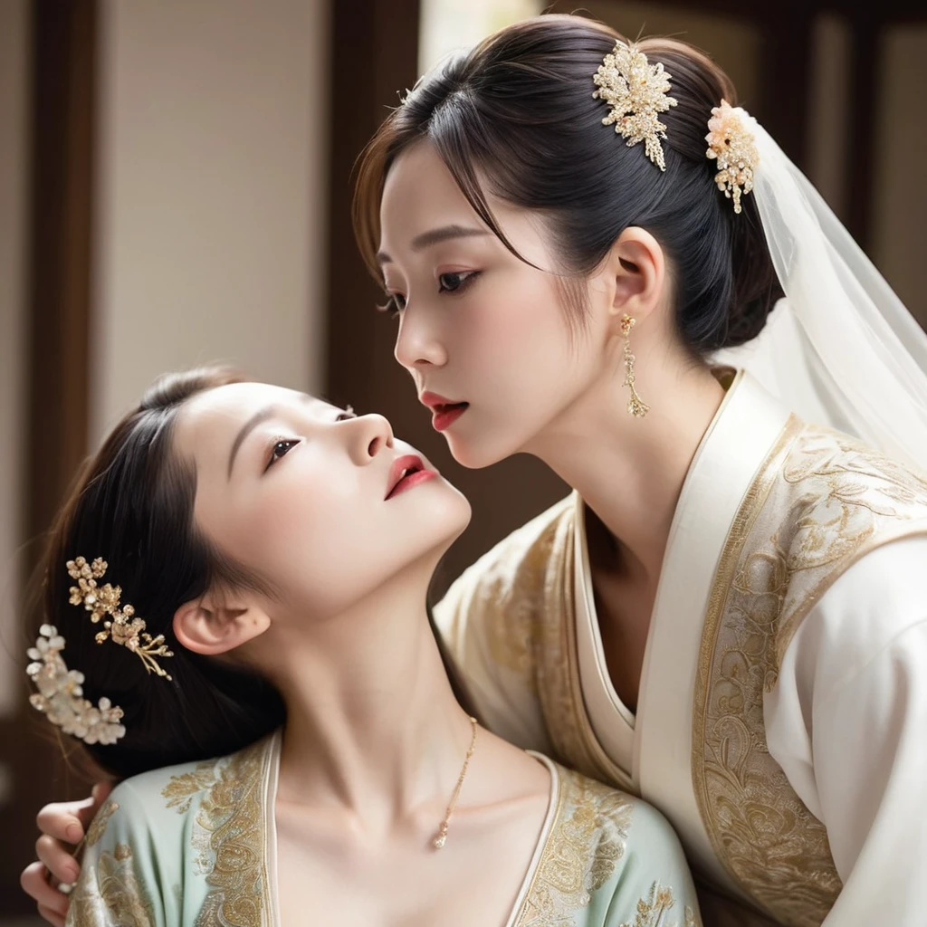 ((Highest quality)), ((masterpiece)), (detailed), (Perfect Face)、The woman is the beautiful Japanese woman, Satomi Ishihara, with large breasts and excellent proportions. She has her medium-long hair tied up and is wearing a luxurious wedding Hanfu with gold embroidery and trim, gorgeous accessories, and an engagement ring.、A woman is passionately embracing, kissing and making love to a handsome and dignified elderly Chinese man in a luxurious Chinese palace.