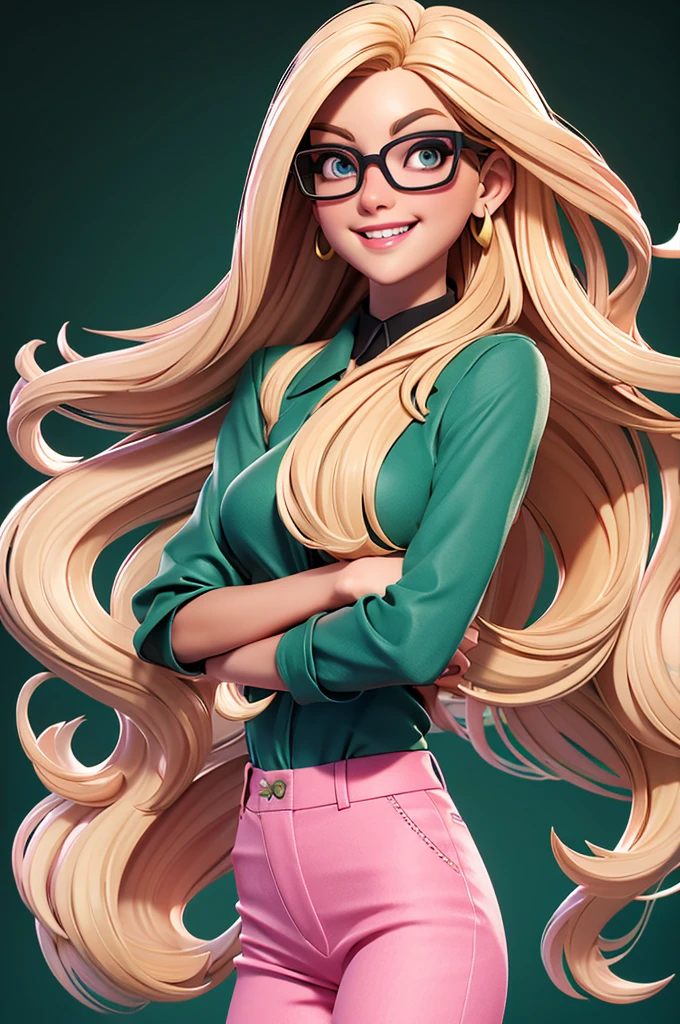 Create a character of a stunning woman. blond, fine and long hair, white skin tone, eyes black, Square-shaped prescription glasses, thin lips, smiling, Wearing a pink blouse and green pants.