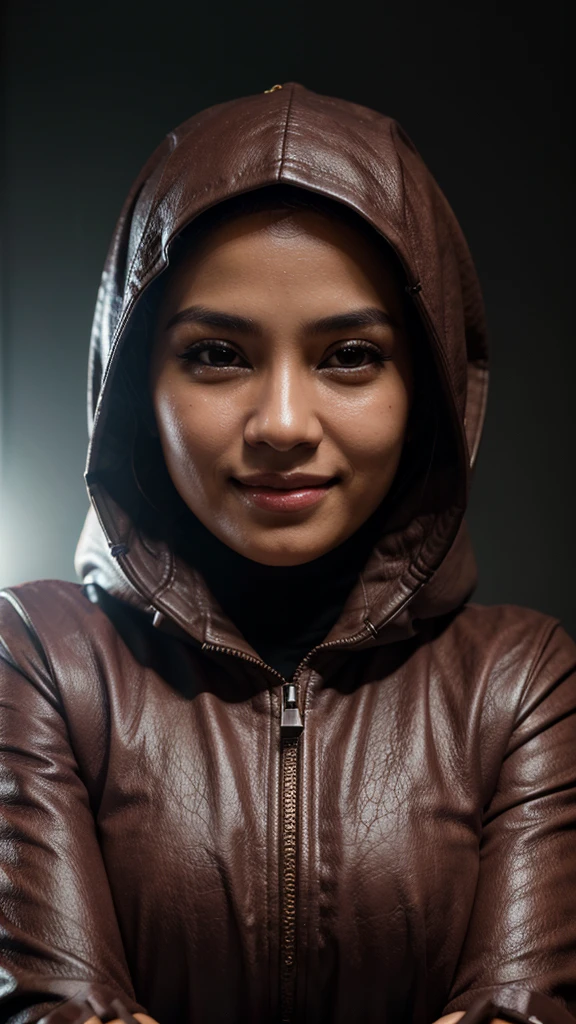 8k, best quality, masterpiece, realistic, highly detailed, photo realistic, highly realistic, smoother lighting, improved cinematic lighting quality, realistic lighting, backlight, bright light, Improve quality, best quality real leather texture, close-up, sleek , cute face, smile, beautiful eye details, Indonesian citizen, 30 years old, beautiful, wearing a drill hijab that says "mitha" in electric pink, hood, sweet smile with round eyes, solid aunt, hand position touching face.