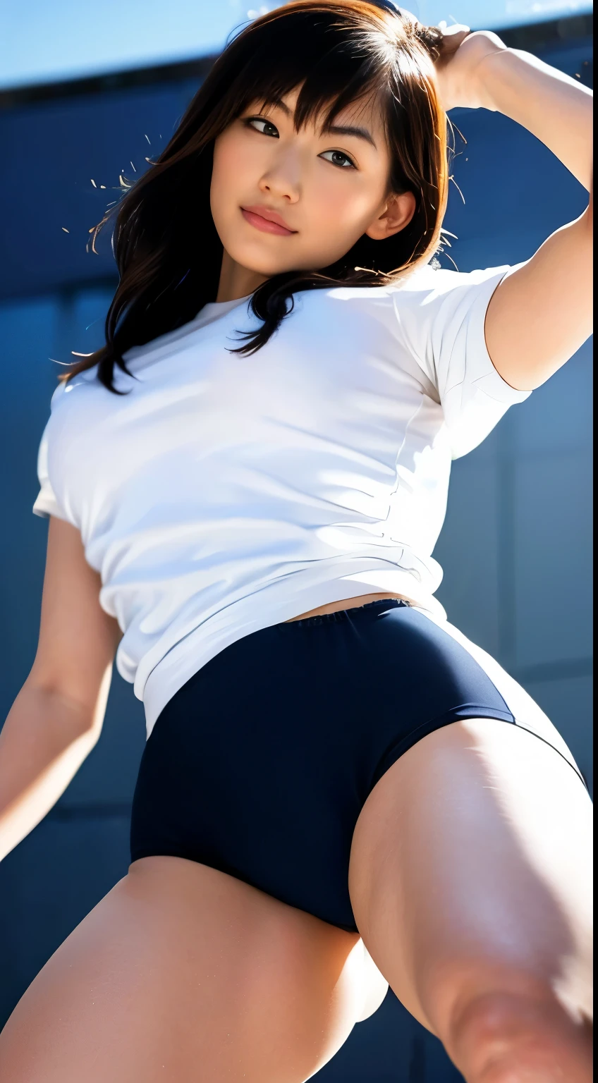 Head to knee portrait、alone、high school girl、White skin、Natural Makeup、Black Hair、bangs、Straight Long Hair、((School-designated gym clothes))、((White short-sleeved gym uniform on upper body))、((Long white gym clothes))、(((Very Tight Bloomers)))、(((Low-rise bloomers)))、((Navy Bloomer))、(((Tuck the bottom of your gym clothes into your bloomers)))、Big Breasts、No bra、Big ass、((The upper body is wearing gym clothes))、Looking into the camera、(((Schoolyard)))、((Realistic fingers))
