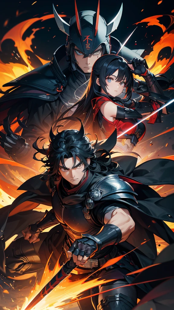 Create an anime-style image of an RPG character, young adult, Cao Cao, bonitas, stark, with wolverine-like flaming claws, and who wears a black symbiote samurai armor that covers the character&#39;s entire body, the wire has details of a dragon, your hair is red and your eyes are red.