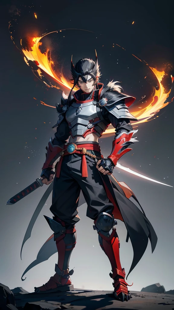 Create an anime-style image of an RPG character, young adult, Cao Cao, bonitas, stark, with wolverine-like flaming claws, and who wears a black symbiote samurai armor that covers the character's entire body, the wire has details of a dragon, your hair is red and your eyes are red.