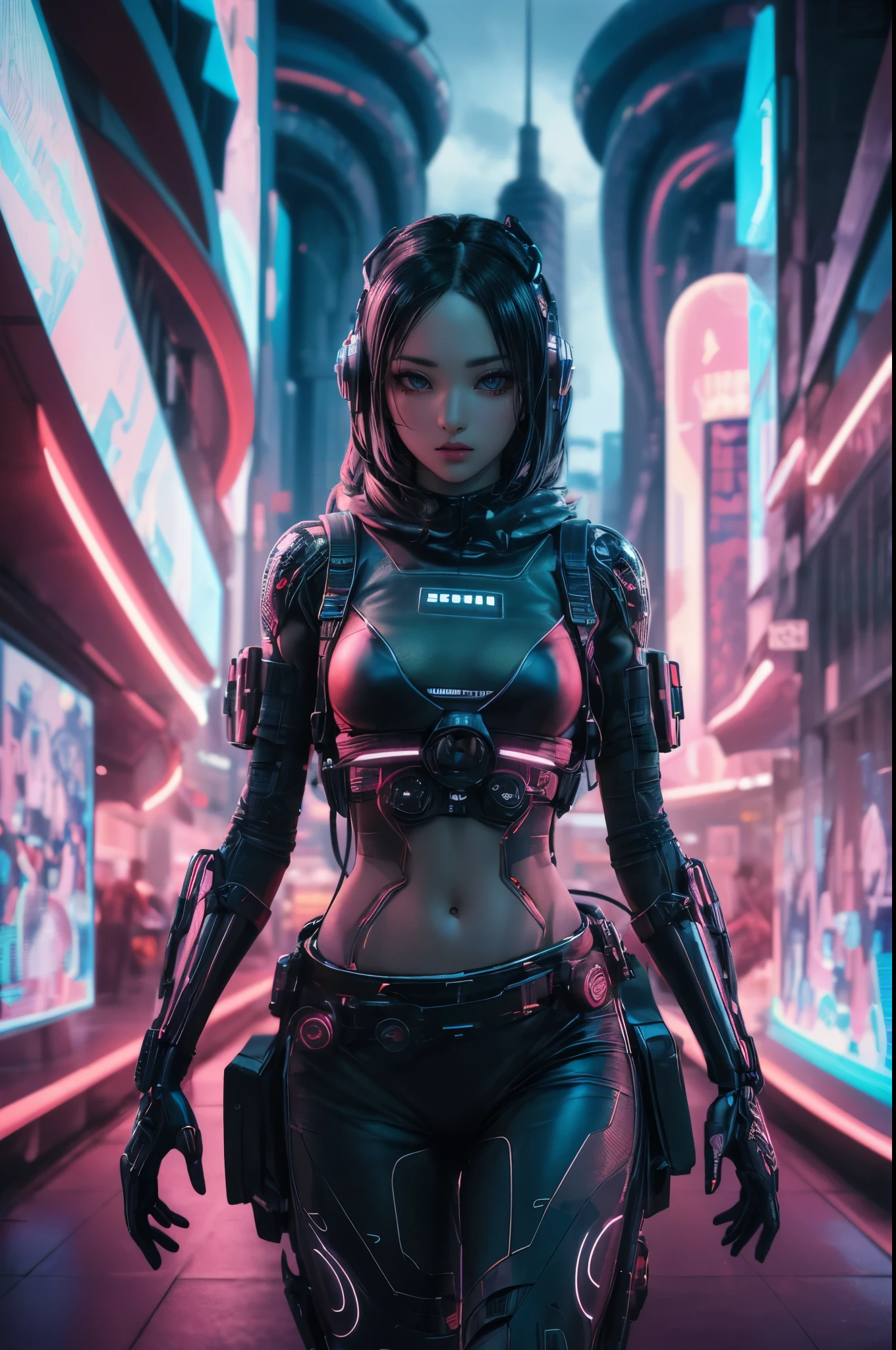 (best quality, ultra-detailed, photorealistic), A highly detailed 3D render of a futuristic kunoichi, blending seamlessly into the vibrant, neon-lit cityscape. She is dressed in sleek, high-tech gear with cybernetic enhancements and advanced gadgets adorning her body. The kunoichi's expressions exude stealth and determination as she remains hidden in the shadows. The background reveals towering, architecturally impressive buildings and holographic advertisements that illuminate the city, creating a dynamic and futuristic atmosphere., 3d render
