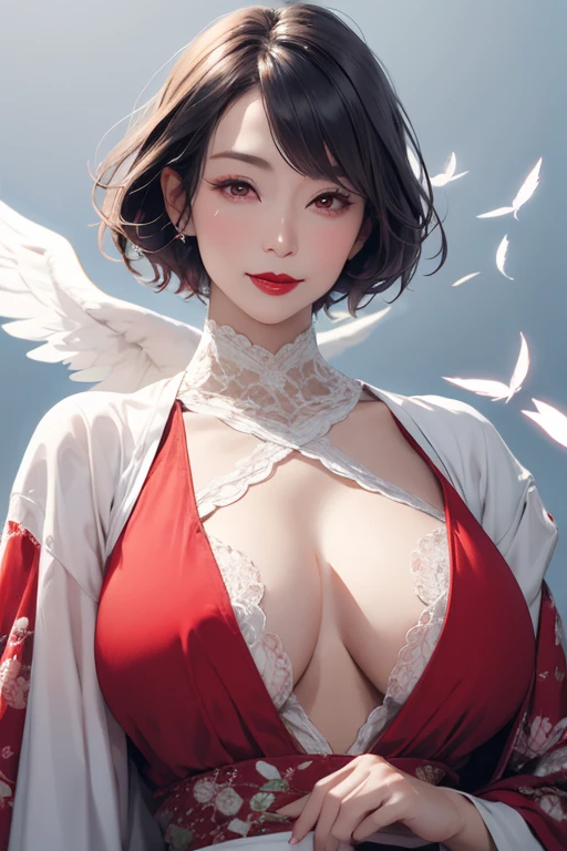 Beautiful 55 year old mature Japanese woman, Married women, Fine Lines, Long eyelashes, Red eyes, Bob Haircut, Red lipstick, Large Breasts, Big Breasts, Angel Costume, White Feather Wings, floating, null, blue null, Floating