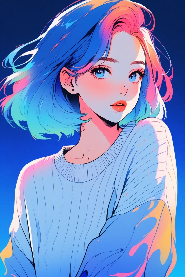 Illustrator, anime , Realistic ,sketch , One girl, ,lip, sweater,order, Blue gradient background, Neon Hair,textured crop, Canadian, (masterpiece,Highest quality),Background summer