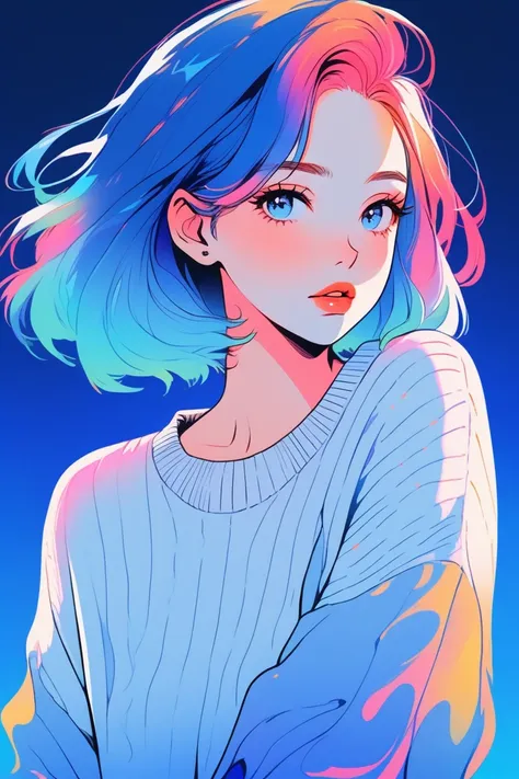 illustrator, anime , realistic ,sketch , one girl, ,lip, sweater,order, blue gradient background, neon hair,textured crop, canad...