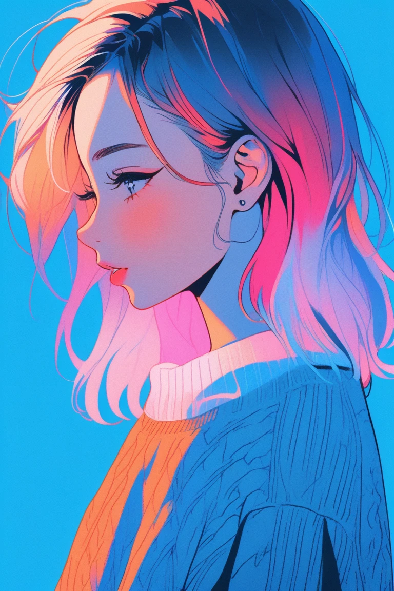 Illustrator, anime , Realistic ,sketch , One girl, ,lip, sweater,order, Blue gradient background, Neon Hair,textured crop, Canadian, (masterpiece,Highest quality),Background summer