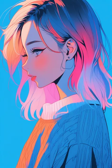 illustrator, anime , realistic ,sketch , one girl, ,lip, sweater,order, blue gradient background, neon hair,textured crop, canad...