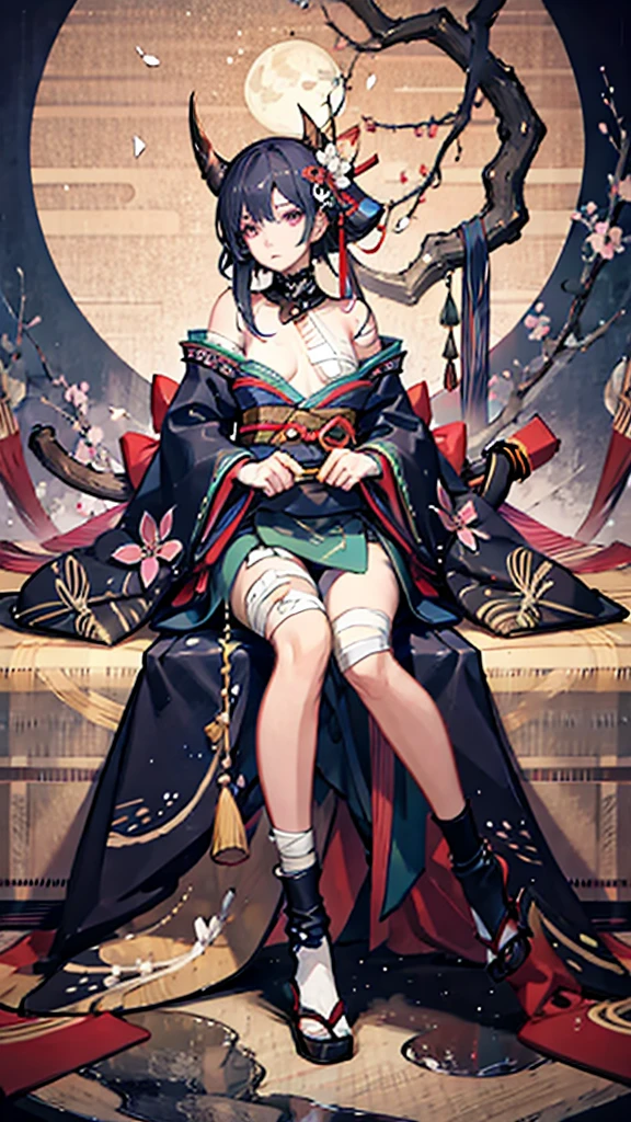 (((((roll up bandage sideways on a chest tightly to cover the chest without gaps))))), (((bandage samweways))), the bantage is no chest shape, flat chest, ((Japanese Gangster BOSS)), adult woman with the dignified presence, Killing Qi, wear nothing around shoulder, wear nothing around neck, wear the kimono, wear it below the waist, (I wind it up to control it, and to attach it), ((kimono come off)) ,wear the kimono multiple times, Bare shoulders and the clavicle, black and gold kimono, put on over jacket of kimono, (holding a japanese sword which shine in purple, The handole of the sword is black, and the blade is gray, long sword), eye fire, low angle, whole body, bandage is seen, anime character, Glaring, off sholder, nappropriate smile, Excellent, black blue hair, can see both shoulder, ((long kimono hem)), small face, ((some cherry blossam big tattoo on the arm)),((Sit with your legs folded)), ((background Japanese gate with circlr mark)),Muscular,drink sake,fullmoon in the sky, The kimono is spreading,(((ultra-detailed)))