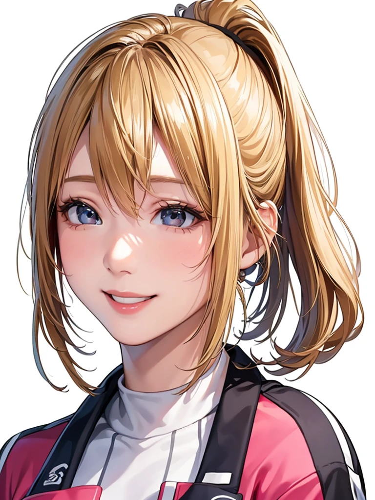 (Highest quality、8k、32K、masterpiece)、(RAW Photos)、(Realisticな)、(High resolution)、Very detailedな、Very beautiful face and eyes、One Girl、Round and small face、Delicate body、(Highest quality、Rich skin detail、Highest quality、8k)、Very detailed、(Realistic、Realistic:1.37)、Vibrant colors、(((Laughter)))、(((blonde)))、(((Side Ponytail)))、(((smile)))、(((Cowboy Shot)))、(((Frame In)))、(((White Background)))、((Medium Hair))、(((Pure white wall background)))、(((blonde)))、(((Wearing a football uniform)))、(((Black and pink uniform)))、(((Uniform with vertical stripes)))、(((Pure white wall background)))、