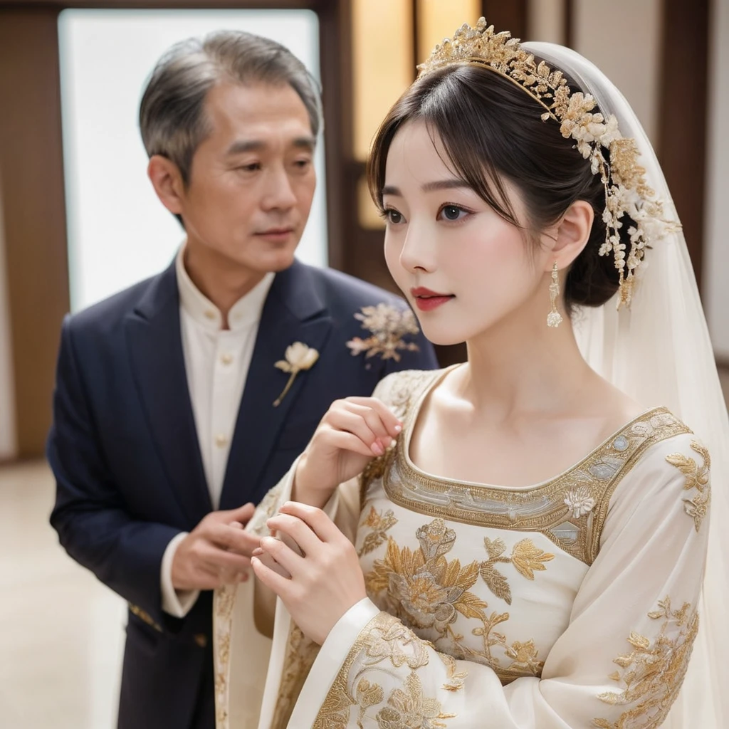 ((Highest quality)), ((masterpiece)), (detailed), （Perfect Face）、The woman is the beautiful Japanese woman, Satomi Ishihara, with large breasts and excellent proportions. She has her medium-long hair tied up and is wearing a luxurious wedding Hanfu with gold embroidery and trim, gorgeous accessories, and an engagement ring.、A woman and a handsome and dignified middle-aged Chinese man are in a luxurious wedding hall in China, embracing each other, kissing each other in a vow, making love, and holding a wedding ceremony to pledge their love to each other.