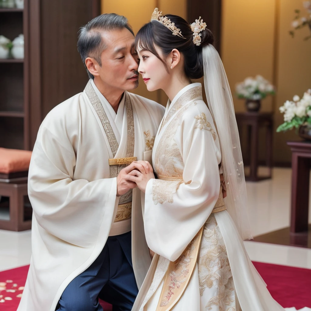 ((Highest quality)), ((masterpiece)), (detailed), (Perfect Face)、The woman is the beautiful Japanese woman, Satomi Ishihara, with large breasts and excellent proportions. She has her medium-long hair tied up and is wearing a luxurious wedding Hanfu with gold embroidery and trim, gorgeous accessories, and an engagement ring.、A woman and a handsome and dignified middle-aged Chinese man are in a luxurious wedding hall in China, embracing each other, kissing each other in a vow, making love, and holding a wedding ceremony to pledge their love to each other.