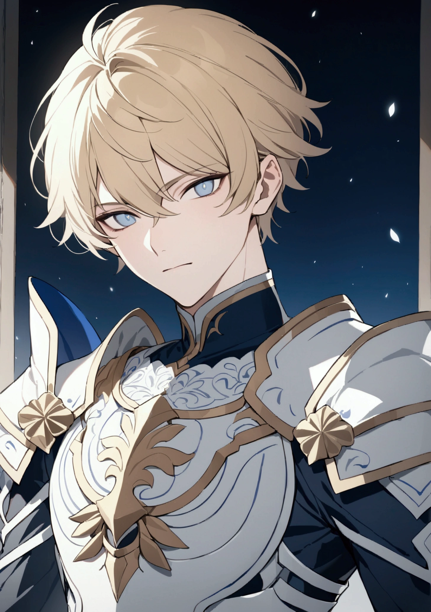 (masterpiece, 32k, 8k, ultra-detailed image) handsome man, 25 years old, serene countenance, short golden hair, deep gray and bright eyes, armor in blue and white tones