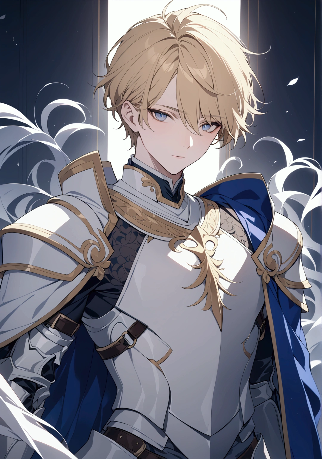 (masterpiece, 32k, 8k, ultra-detailed image) handsome man, 25 years old, serene countenance, short golden hair, deep gray and bright eyes, armor in blue and white tones