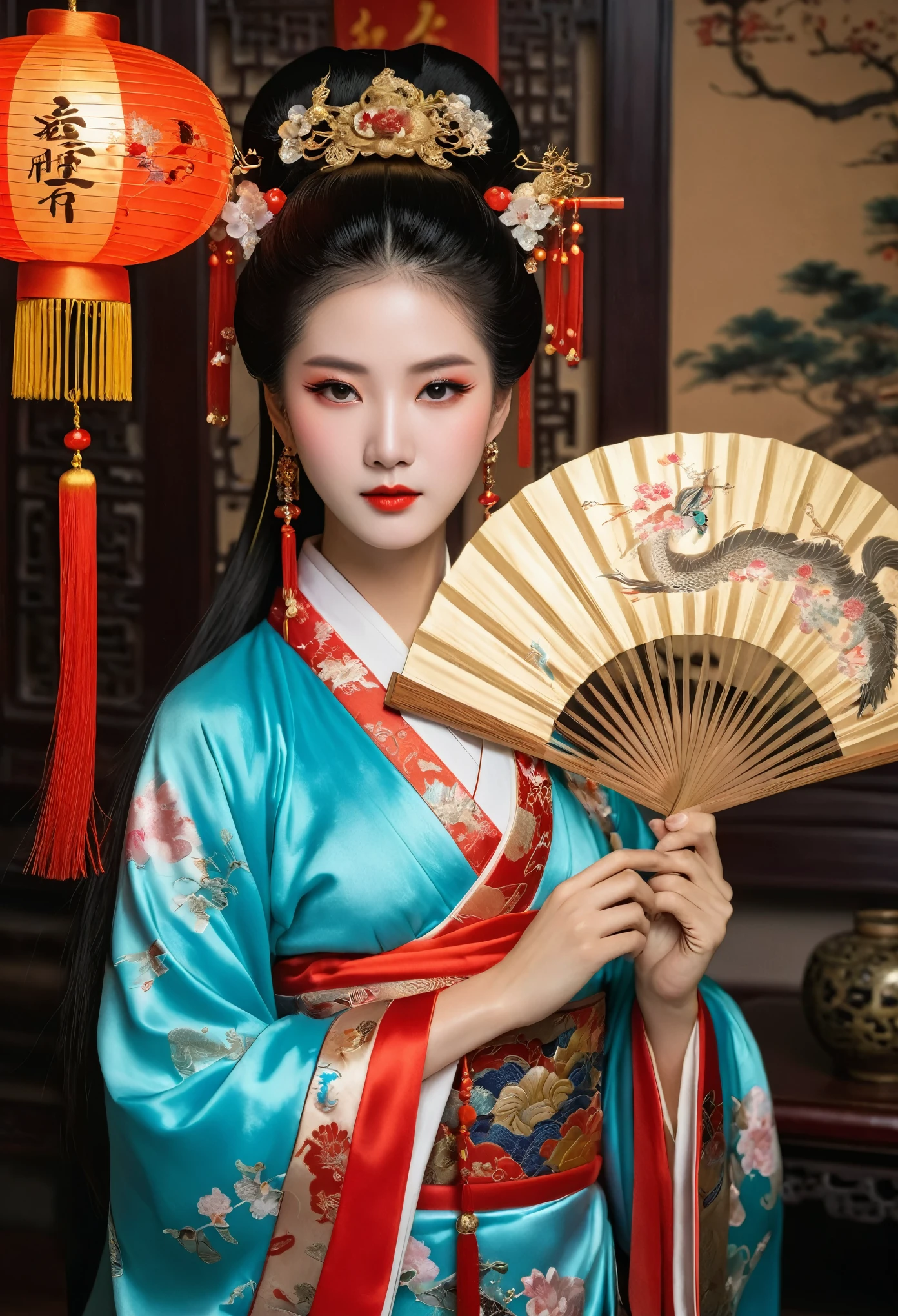 A traditional Chinese courtesan from ancient times. She's beautifully dressed in an exquisite hanfu, with numerous intricate hair ornaments adorning her elaborately styled dark hair. Her face is perfectly round, with delicate features and heavy makeup highlighting her eyes and lips. She is holding an ornate fan, standing gracefully in a room adorned with classical Chinese art and furniture.