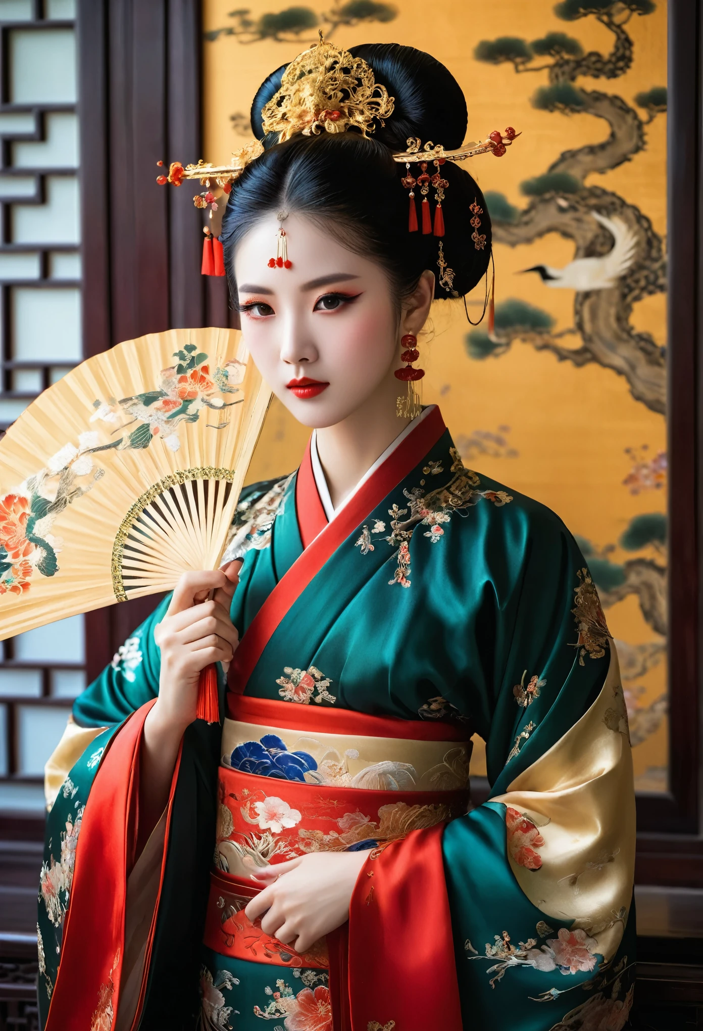 A traditional Chinese courtesan from ancient times. She's beautifully dressed in an exquisite hanfu, with numerous intricate hair ornaments adorning her elaborately styled dark hair. Her face is perfectly round, with delicate features and heavy makeup highlighting her eyes and lips. She is holding an ornate fan, standing gracefully in a room adorned with classical Chinese art and furniture.
