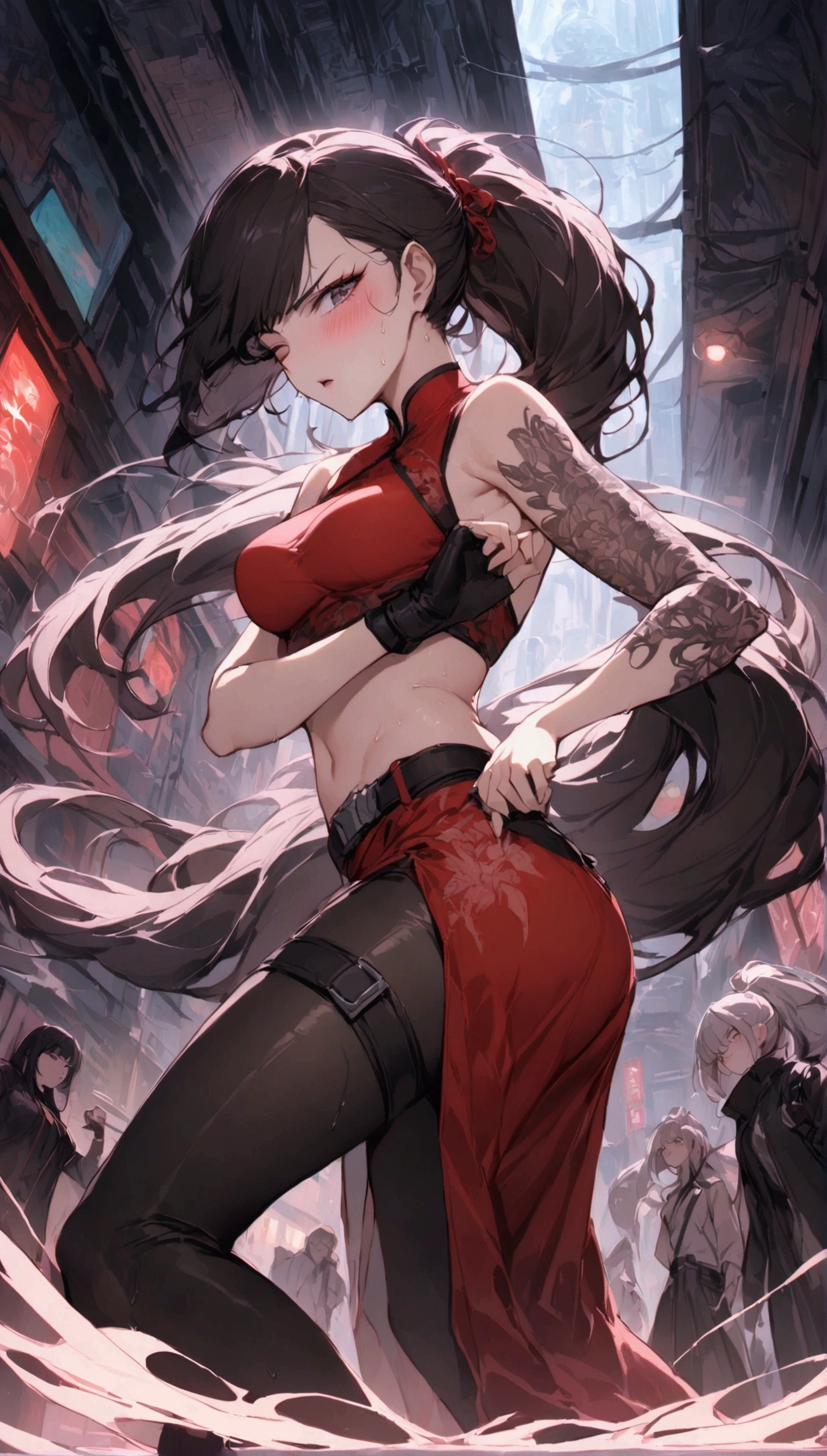 Dynamic composition,dutch angle,from side,{{masterpiece}}, {{{Highest quality}}},{{Very detailed}},{{Fight}},{{fighting stance:1.6}},{{critical situation:1.6}},{{hold down one's stomach with one's hands:1.6}},1girl,30years old,{Mature Woman}},cyberpunk,{{RED Chinese clothing:1.2}},Red sleeveless Chinese dress,pelvic curtain,black stockings,belt,black fingerless gloves,Lace arm covers,holster,{{Grit your teeth:1.4}},one eye closed, ,{{v-shaped eyebrows}},Bad mood,blush,Sweat,raise one's eyebrows ,{{View your viewers}}、Very long long hair in a ponytail.abdominal pain ,{{pain}},Inside the dojo,indoor