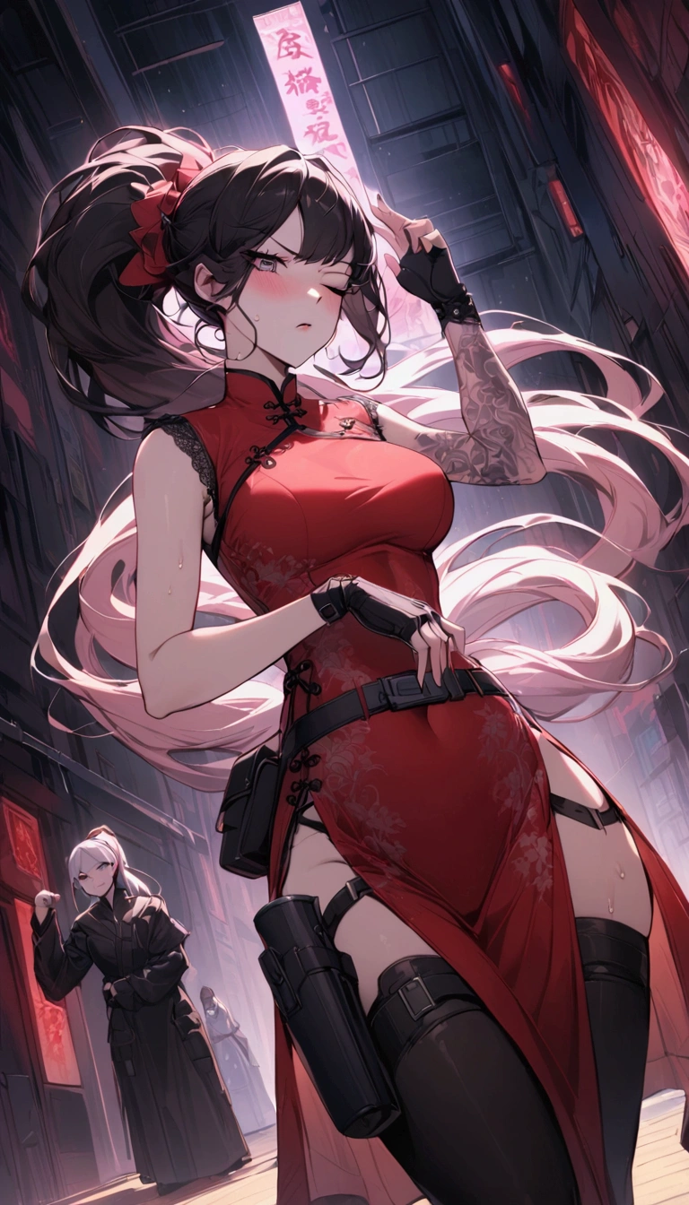 Dynamic composition,dutch angle,from side,{{masterpiece}}, {{{Highest quality}}},{{Very detailed}},{{Fight}},{{fighting stance:1.6}},{{critical situation:1.6}},{{hold down one's stomach with one's hands:1.6}},1girl,30years old,{Mature Woman}},cyberpunk,{{RED　Chinese clothing:1.2}},Red　sleeveless Chinese dress,pelvic curtain,black stockings,belt,black fingerless gloves,Lace arm covers,holster,{{Grit your teeth:1.4}},one eye closed,　,{{v-shaped eyebrows}},Bad mood,blush,Sweat,raise one's eyebrows　,{{View your viewers}}、Very long long hair in a ponytail．abdominal pain ,{{pain}},Inside the dojo,indoor