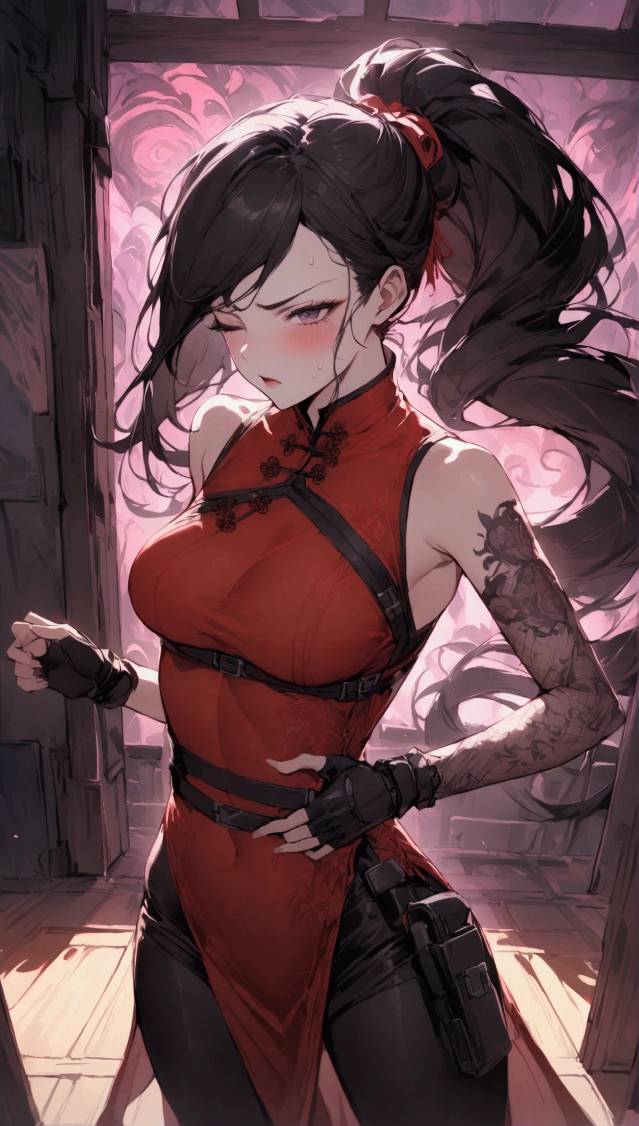 Dynamic composition,dutch angle,from side,{{masterpiece}}, {{{Highest quality}}},{{Very detailed}},{{Fight}},{{fighting stance:1.6}},{{critical situation:1.6}},{{hold down one's stomach with one's hands:1.6}},1girl,30years old,{Mature Woman}},cyberpunk,{{RED Chinese clothing:1.2}},Red sleeveless Chinese dress,pelvic curtain,black stockings,belt,black fingerless gloves,Lace arm covers,holster,{{Grit your teeth:1.4}},one eye closed, ,{{v-shaped eyebrows}},Bad mood,blush,Sweat,raise one's eyebrows ,{{View your viewers}}、Very long long hair in a ponytail.abdominal pain ,{{pain}},Inside the dojo,indoor