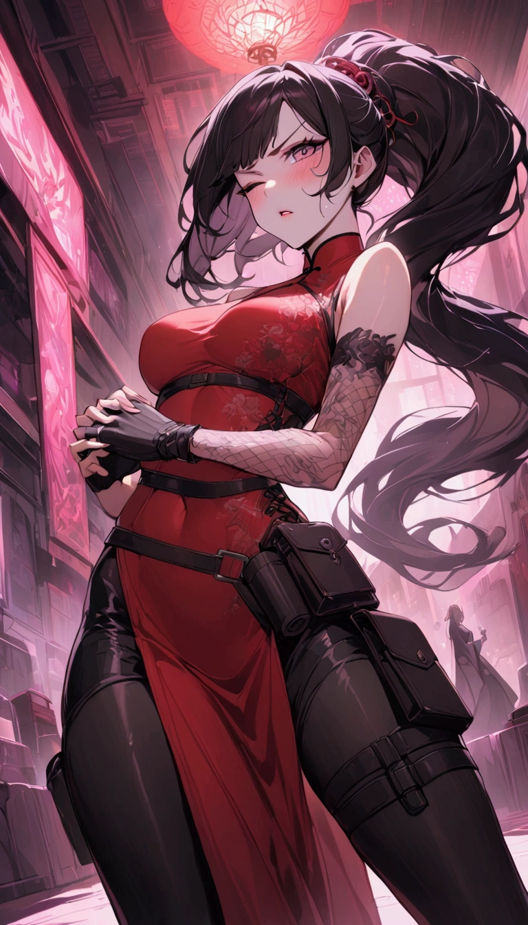 Dynamic composition,dutch angle,from side,{{masterpiece}}, {{{Highest quality}}},{{Very detailed}},{{Fight}},{{fighting stance:1.6}},{{critical situation:1.6}},{{hold down one's stomach with one's hands:1.6}},1girl,30years old,{Mature Woman}},cyberpunk,{{RED Chinese clothing:1.2}},Red short sleeves Chinese dress,pelvic curtain,black stockings,belt,black fingerless gloves,Lace arm covers,holster,{{Grit your teeth:1.4}},one eye closed, ,{{v-shaped eyebrows}},Bad mood,blush,Sweat,raise one's eyebrows ,{{View your viewers}}、straight long hair ,blunt bangs.abdominal pain ,{{pain}},Inside the dojo,indoor